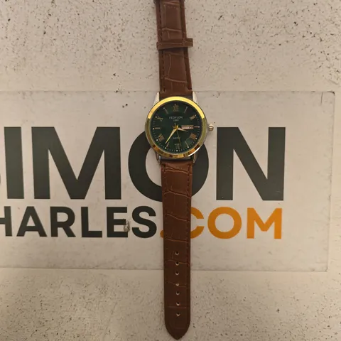 FEDYLON WRISTWATCH – GREEN DIAL, GOLD-TONE CASE, BROWN LEATHER STRAP