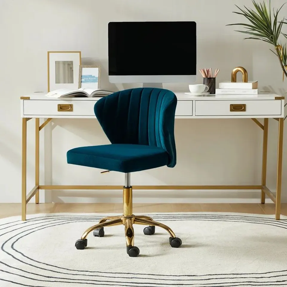 BOXED PETILLO SWIVEL VELVET OFFICE TASK CHAIR WITH ADJUSTABLE HEIGHT AND PADDED CUSHION - TEAL 