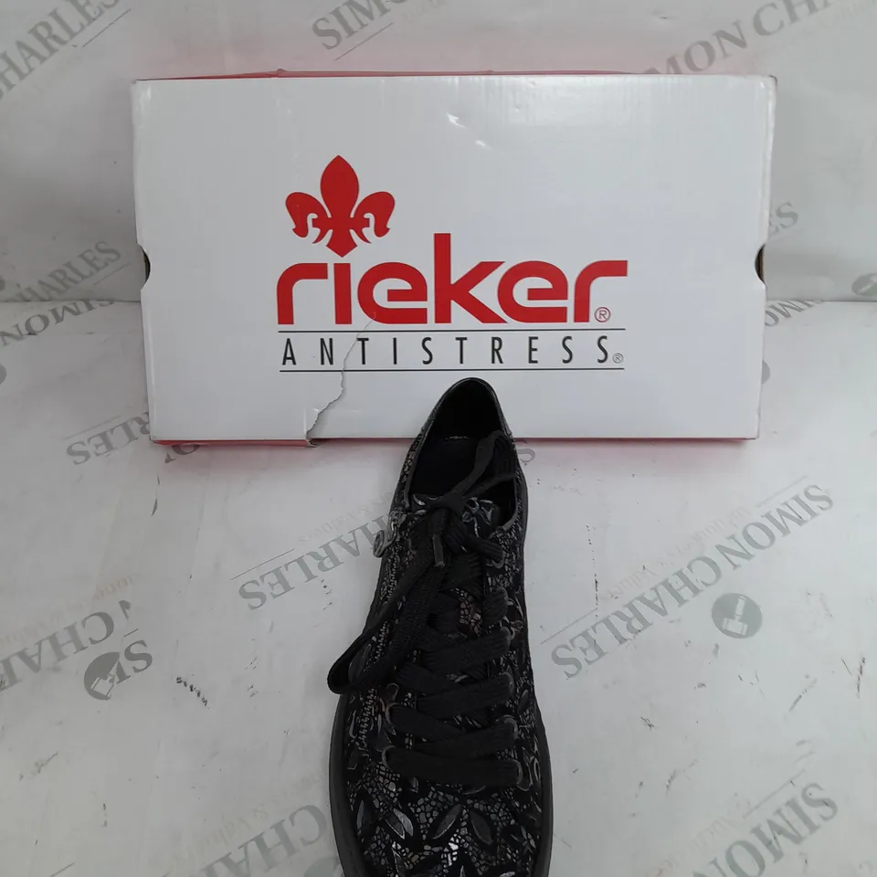 BOXED PAIR OF RIEKER FLORAL TRAINERS IN BLACK SIZE 4