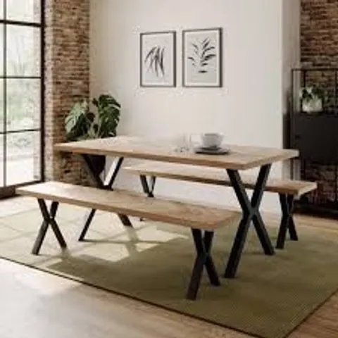 BOXED EZRA II 6 SEATER RECTANGULAR DINING TABLE WITH 2 BENCHES - FAUX RUSTIC PARQUET (2 BOXES)