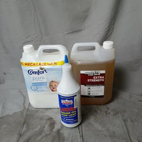 APPROXIMATELY 4 ASSORTED HOUSEHOLD LIQUID PRODUCTS TO INCLUDE EXTRA STRENGTH WASHING UP LIQUID, COMFORT PURE, LUCAS ENGINE OIL ETC