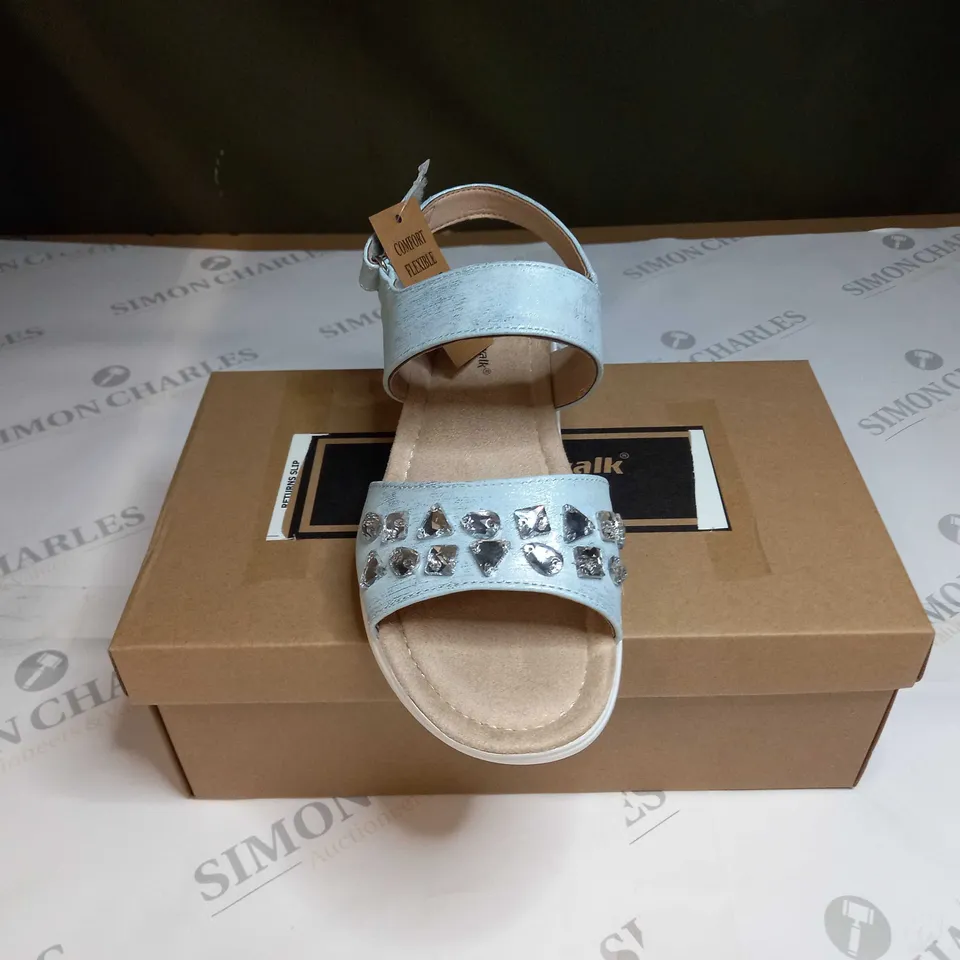 BOXED PAIR OF CUSHION WALK JEWELLED SANDALS IN SILVER - SIZE 6