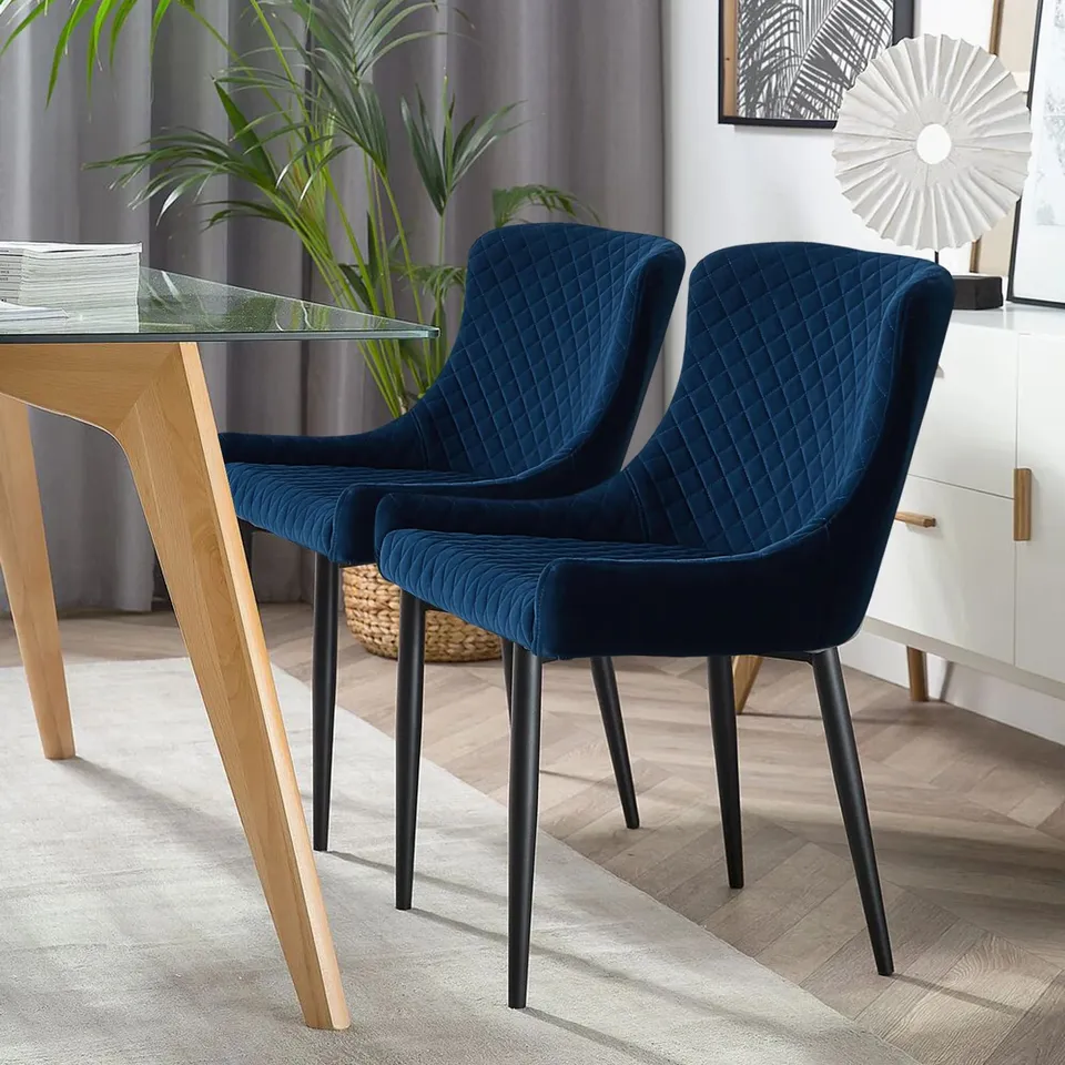 BOXED DUNDAS SET OF TWO BLUE VELVET DINING CHAIRS (1 BOX)