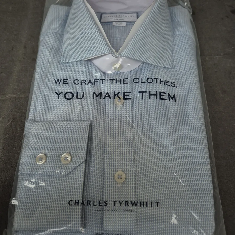CHARLES TYRWHITT NON-IRON CLASSIC FIT SHIRT – UK COLLAR 16.5 IN, SLEEVE 34 IN, LIGHT BLUE MICRO-CHECK