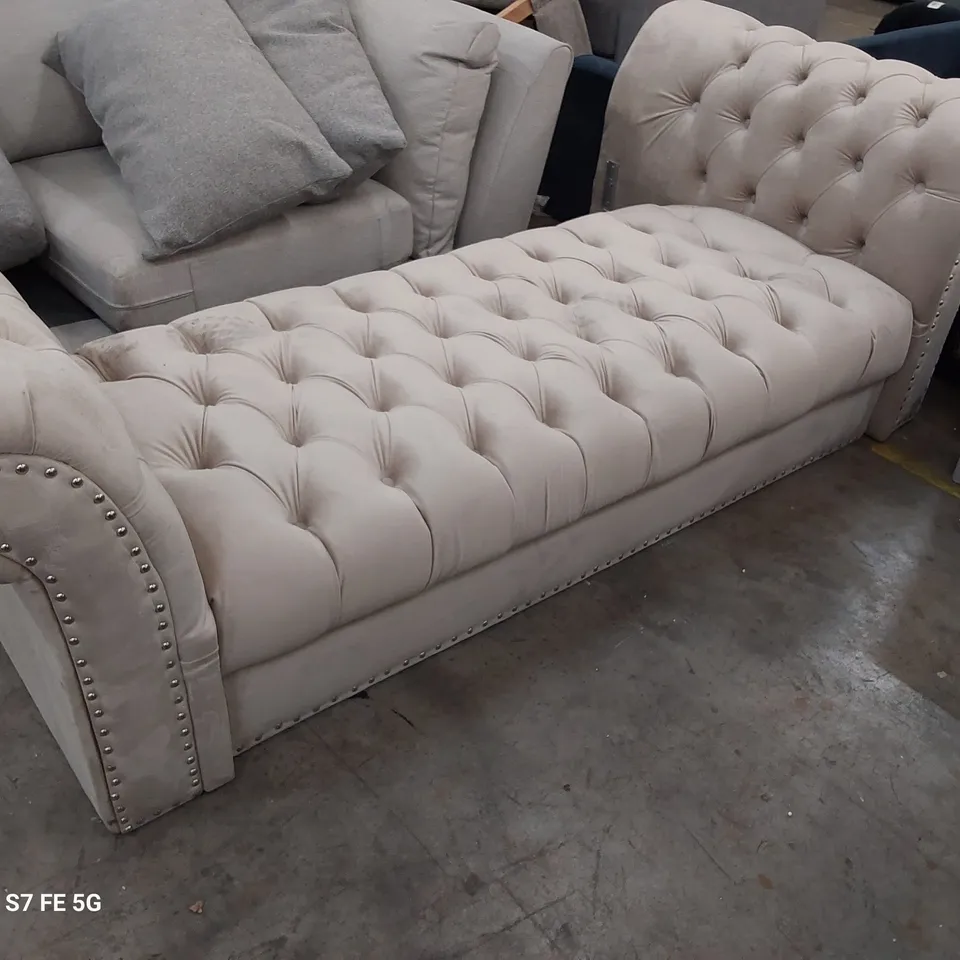 THREE SEATER SOFA BASE BUTTONED BEIGE PLUSH FABRIC 
