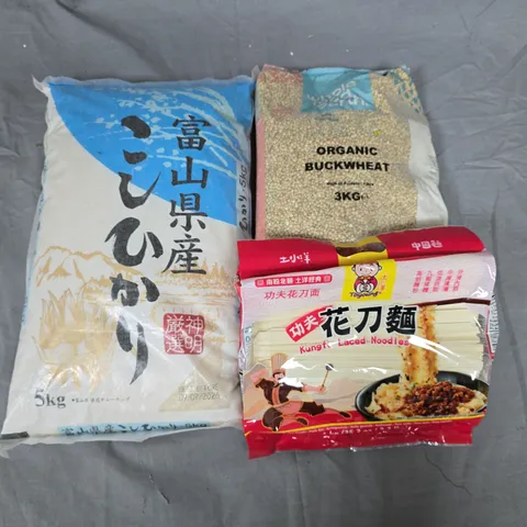 LOT OF 3 FOOD ITEMS INCLUDES 5KG RICE, 3KG BUCKWHEAT AND 1KG NOODLES