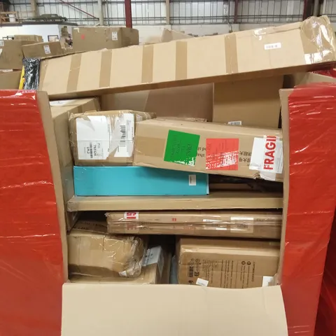 PALLET OF ASSORTED HOUSEHOLD GOODS AND PRODUCTS TO INCLUDE; GARDEN CHAIR, MIRROR, BOXED FURNITURE ETC