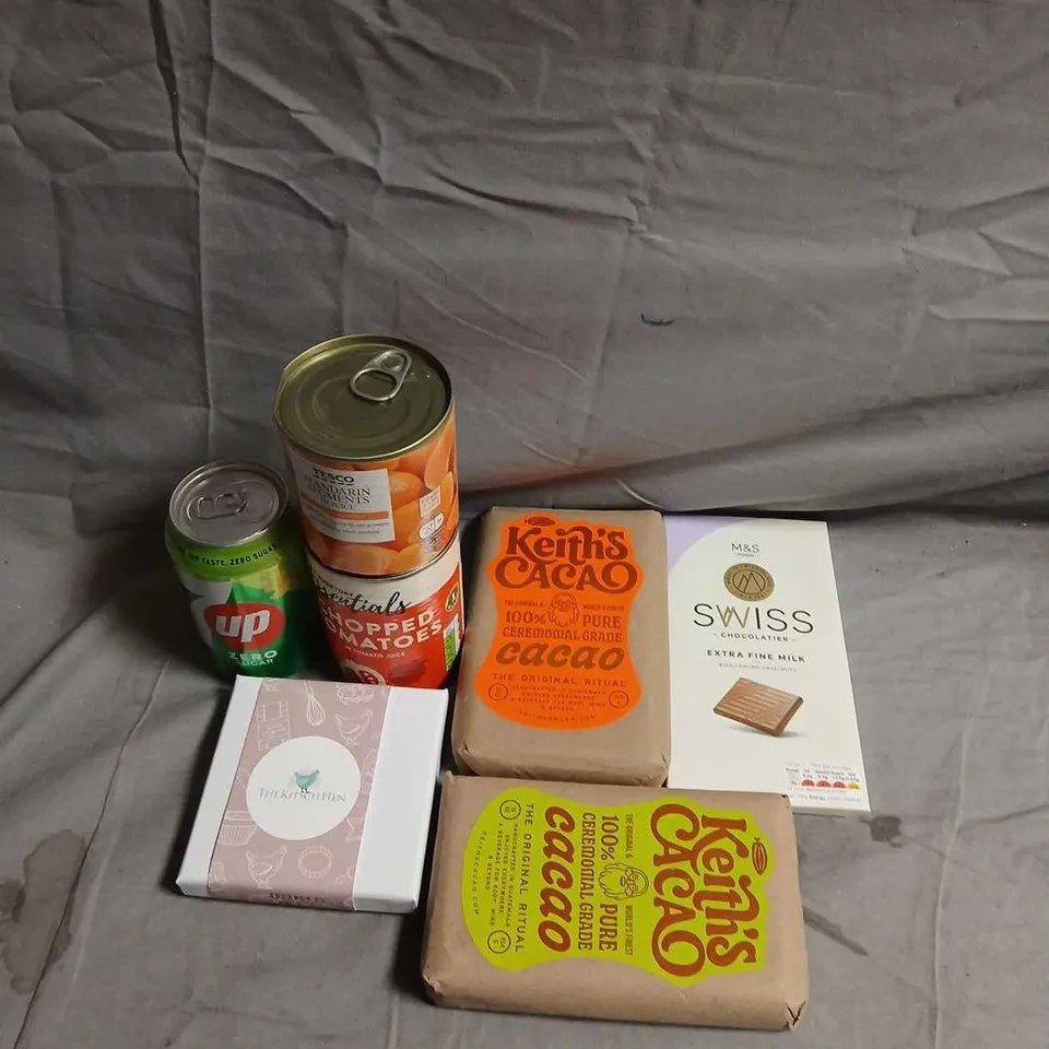 APPROXIMATELY 10 ASSORTED FOOD ITEMS TO INCLUDE - 7UP, CHOPPED TOMATOES AND SWISS CHOCOLATE - COLLECTION ONLY 