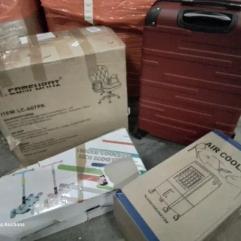 PALLET OF ASSORTED ITEMS TO INCLUDE, SUITCASE, KIDS SCOOTER, AIR COOLER, OFFICE CHAIR, TRAINING POTTY, GARMENT STORAGE.