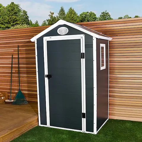 BOXED CHARLES BENTLEY PLASTIC STORAGE SHED 4.4FT X 3.4FT GREY SMALL ROOF OUTDOOR TALL