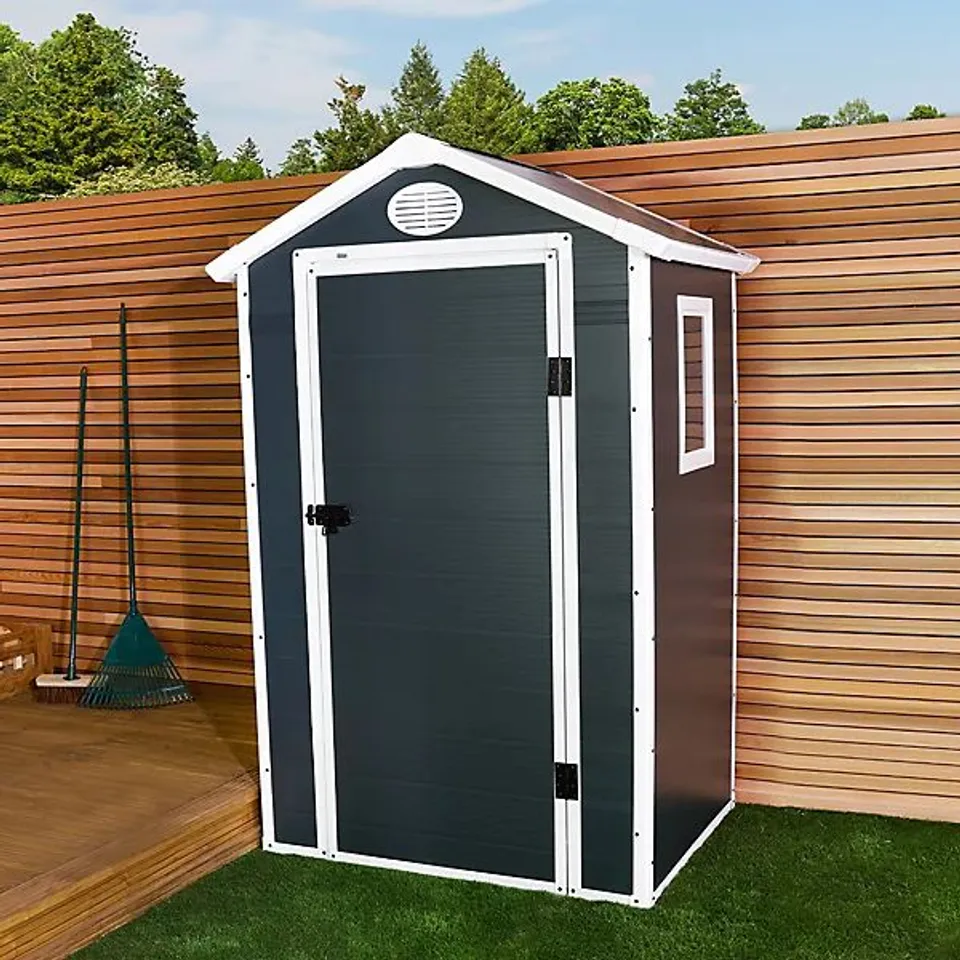BOXED CHARLES BENTLEY PLASTIC STORAGE SHED 4.4FT X 3.4FT GREY SMALL ROOF OUTDOOR TALL