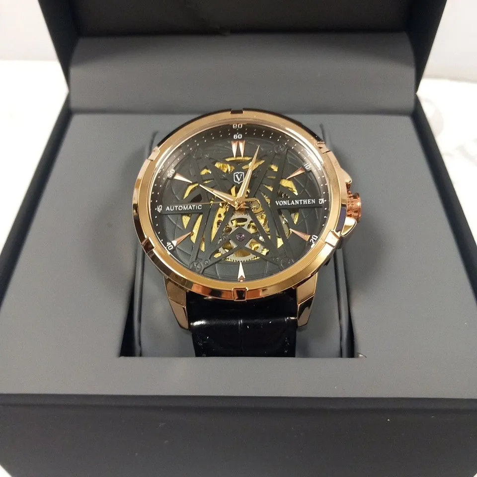 MENS VONLANTHEN AUTOMATIC SKELETON WATCH – V110 - GLASS EXHIBITION BACKCASE – BLACK LEATHER STRAP