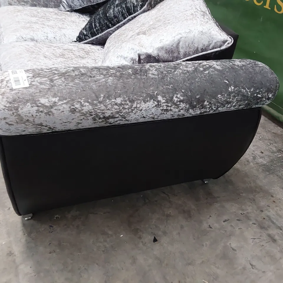 DESIGNER THREE SEATER SOFA WITH SCATTER CUSHIONS BLACK FAUX LEATHER & CRUSHED SILVER VELVET