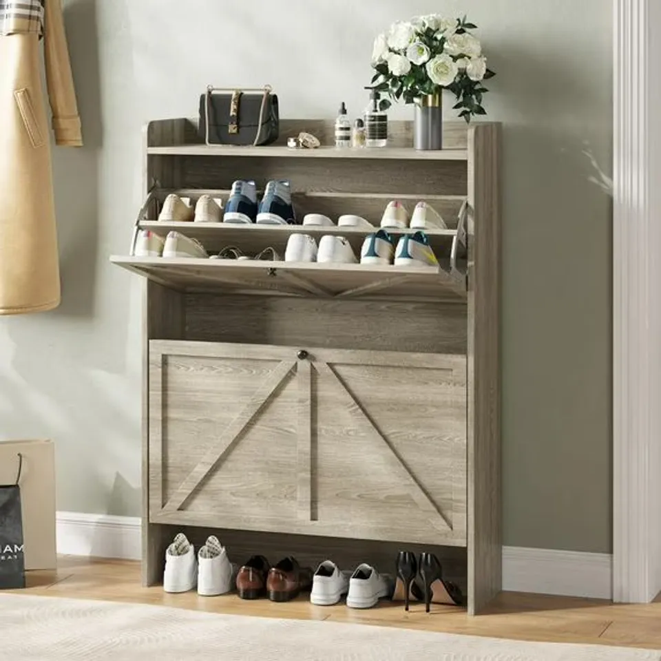 BOXED 16 PAIR SHOE STORAGE CABINET - gray // MODEL: SR068-GY (1 BOX)