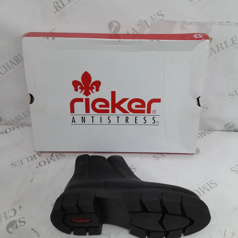 BOXED PAIR OF RIEKER CHUNKY ANKLE BOOTS IN BLACK - SIZE 3.5