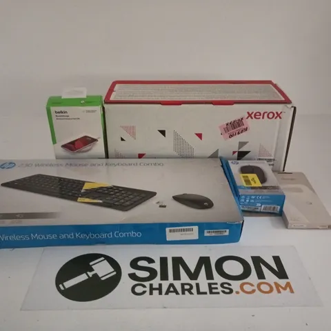 BOX OF APPROXIMATELY 20 ASSORTED ITEMS TO INCLUDE XEROX PRINTER CARTRIDGE, HP 230 MOUSE AND KEYBOARD COMBO, GOOGLE PHONE CASE, BELKIN BOOST CHARGE ETC