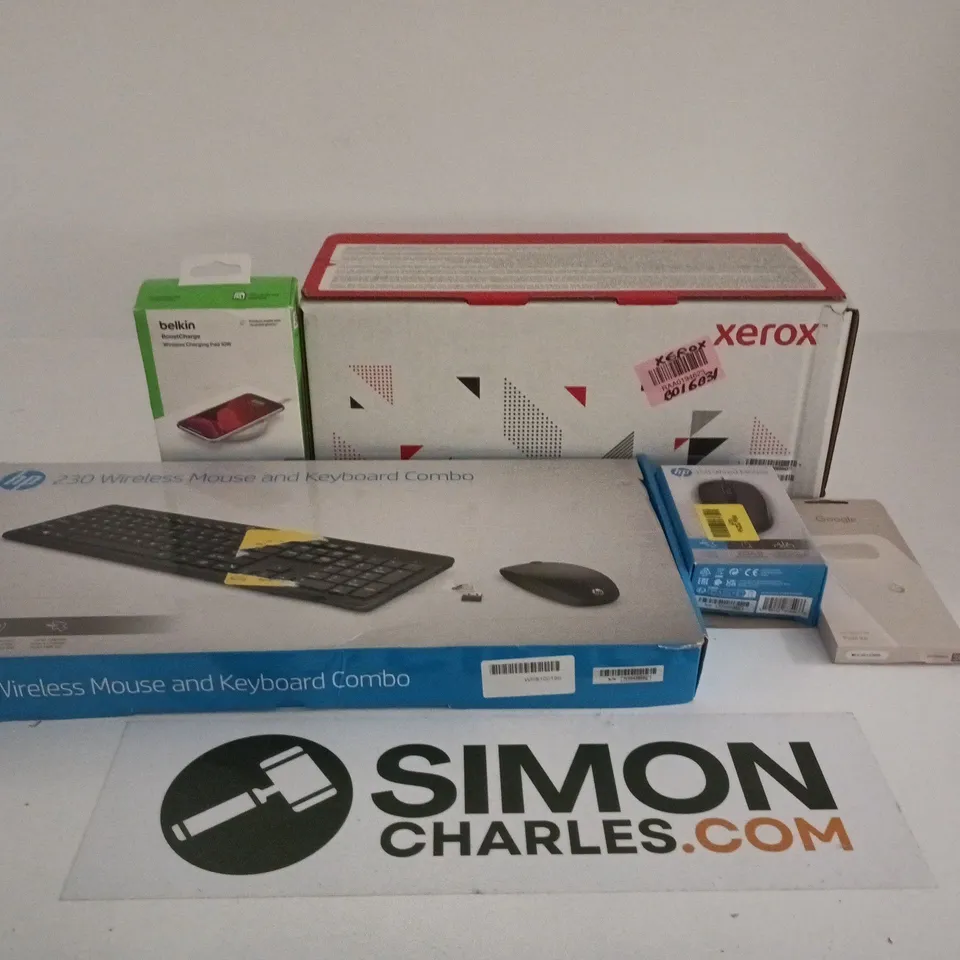 BOX OF APPROXIMATELY 20 ASSORTED ITEMS TO INCLUDE XEROX PRINTER CARTRIDGE, HP 230 MOUSE AND KEYBOARD COMBO, GOOGLE PHONE CASE, BELKIN BOOST CHARGE ETC