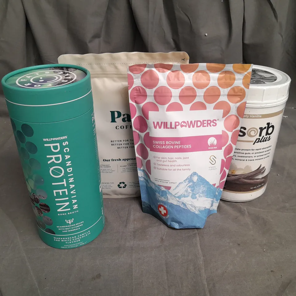 4 ASSORTED FOOD ITEMS TO INCLUDE WILL POWDERS COLLAGEN PEPTIDE POWDER, PACT COFFEE, WILL POWDERS PROTEIN BONE BROTH AND ABSORB PLUS SHAKE