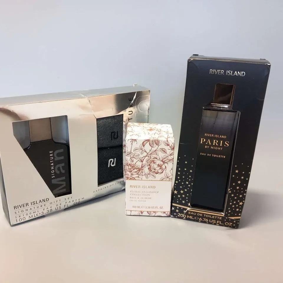 THREE ASSORTED RIVER ISLAND PRODUCTS TO INCLUDE; SIGNATURE GIFT, FLORAL GRAGRANCE COLLECTION AD PARIS BY NIGHT EAU DE TOILETTE