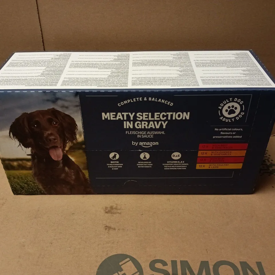 BOX OF 48 X 100G AMAZON COMPLETE AND BALANCED MEATY SELECTION IN GRAVY DOG FOOD