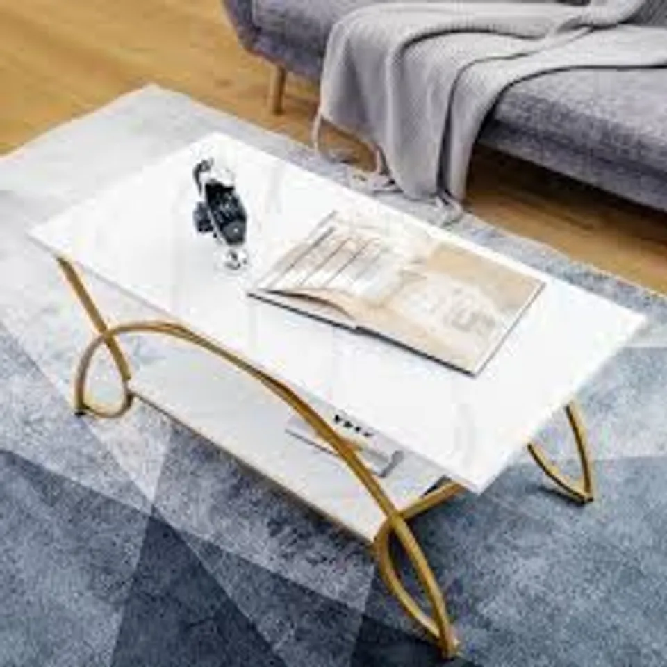 BOXED COSTWAY SINGLE SHELF WHITE FAUX MARBLE COFFEE TABLE WITH GOLDEN METAL FRAME