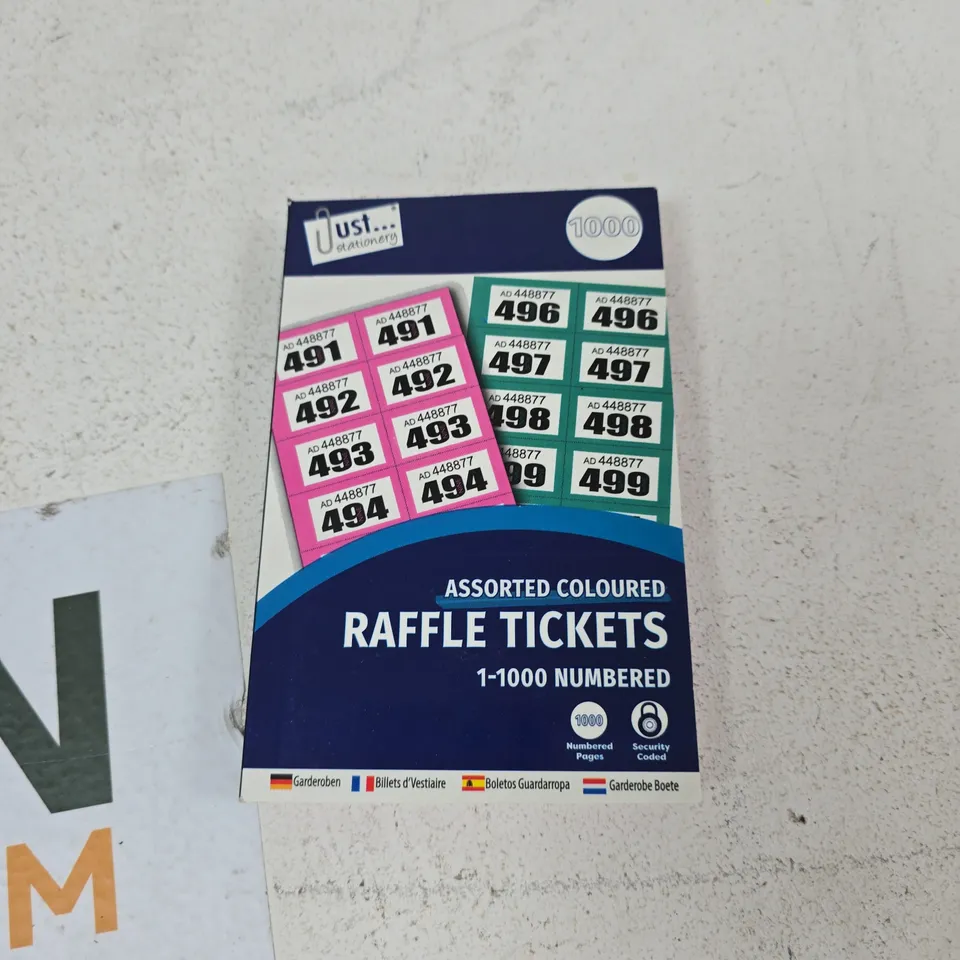 TOTE OF APPROXIMATELY 12 ASSORTED ITEMS TO INCLUDE: RAFFLE TICKETS