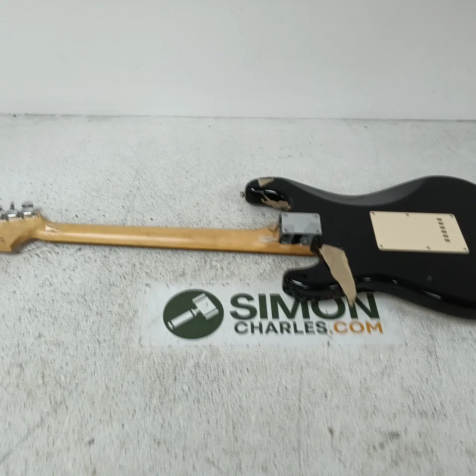 SQUIER STRATOCASTER BY FENDER ELECTRIC GUITAR – BLACK BODY, CREAM PICKGUARD (USED)
