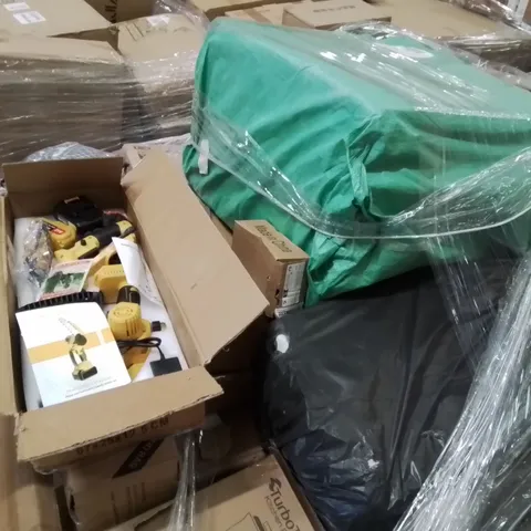 PALLET CONTAINING VARIOUS ASSORTED BOXED ITEMS TO INCLUDE. TURBOTRONIC FOOD BLENDER, SOUND BAR, CORDLESS CHAINSAW SET, AND LOTS MORE UNMARKED BOXED ITEMS