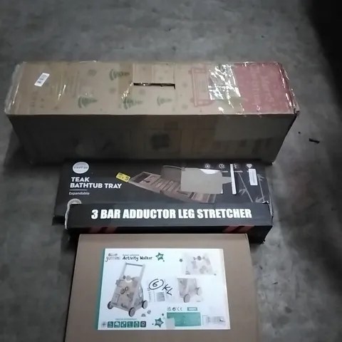 PALLET OF HOUSEHOLD ITEMS TO INCLUDE CHRISTMAS TREE,AIR FRYER, ACTIVITY WALKER, 3 BAR ADDUCTOR LEG STRECTHER,TEAK BATHTUB TRAY AND OTHER ASSORTED ITEMS...