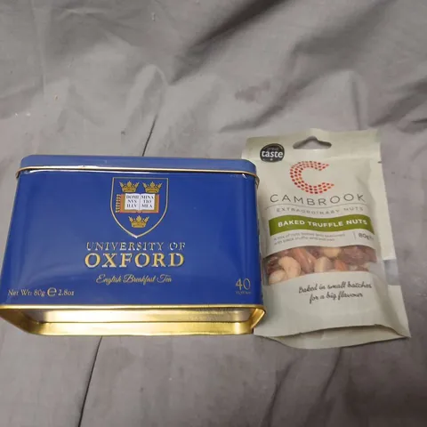 BOX OF APPROX 4 ASSORTED FOOD AND DRINK ITEMS TO INCLUDE BLUE UNIVERSITY OF OXFORD ENGLISH BREAKFAST TEA TIN , CAMBROOK BAKED TRUFFLE NUTS PACK AND RAW HONEY