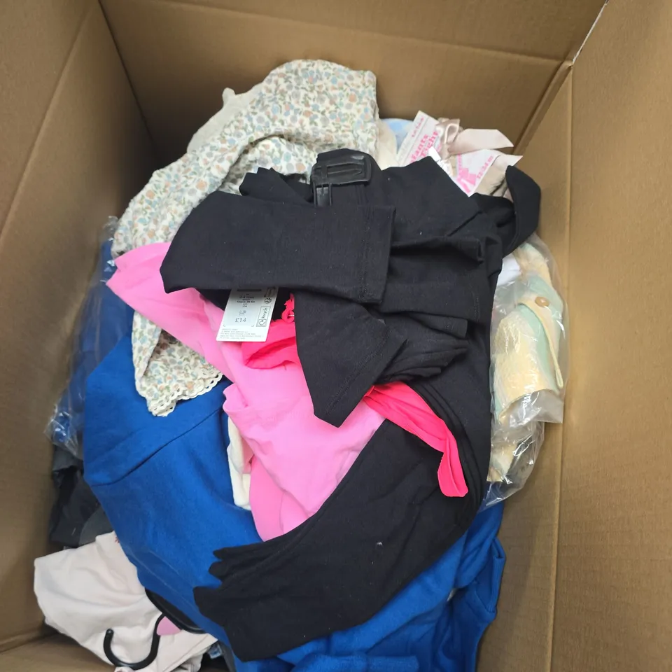 BOX OF APPROXIMATELY 30 ASSORTED CLOTHING ITEMS TO INCLUDE M&S CHILDRENS SHIRTS, F&F CHILDRENS TROUSERS ETC