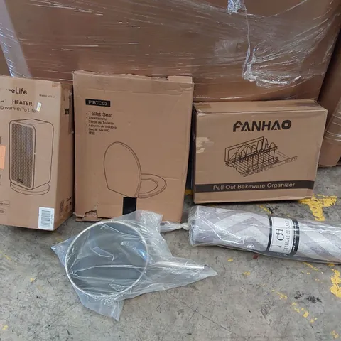 PALLET OF ASSORTED ITEMS INCLUDING: SMART HEATER, BAKEWARE ORGANISER, FRYING PAN, TOILET SEAT, FRYING PAN, RUG