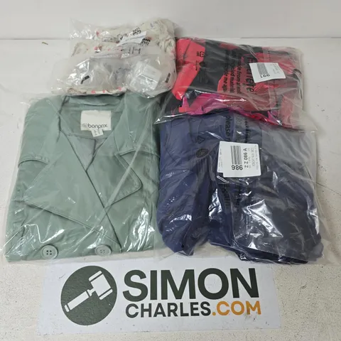 APPROXIMATELY 20 ASSORTED CLOTHING ITEMS IN VARIOUS SIZES, STYLES & SIZES TO INCLUDE MIDNIGHT BLUE DRESS, DUSKY GREEN COAT, FLORAL POPPY PRINT, ETC - COLLECTION ONLY