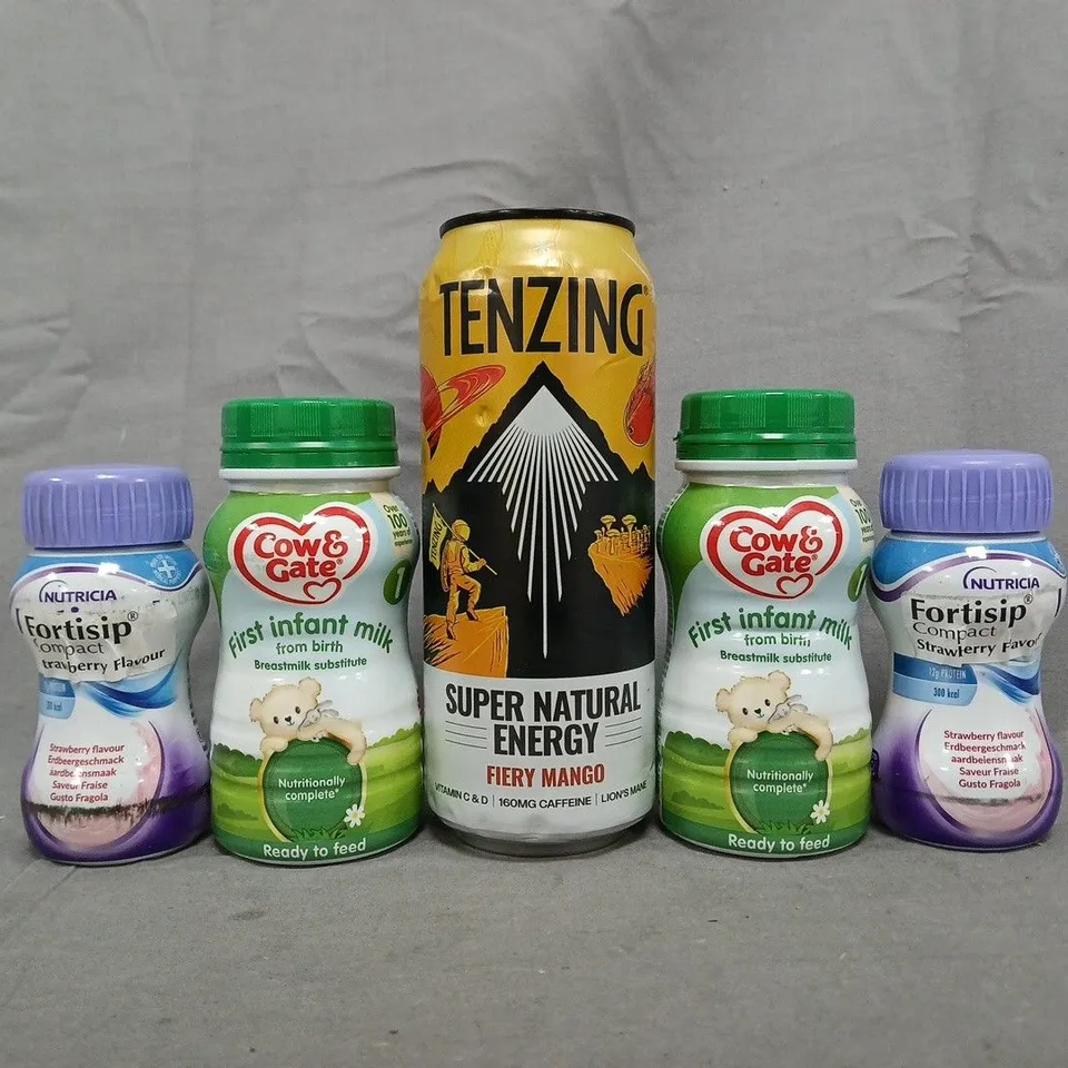 APPROXIMATELY 10 ASSORTED FOOD AND DRINK ITEMS TO INCLUDE TENZING COW & GATE, ETC