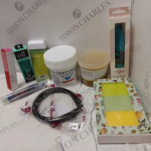 LOT OF BEAUTY PRODUCTS TO INCLUDE HIVE WAX ROLLER, ELF PRIMER, ETC