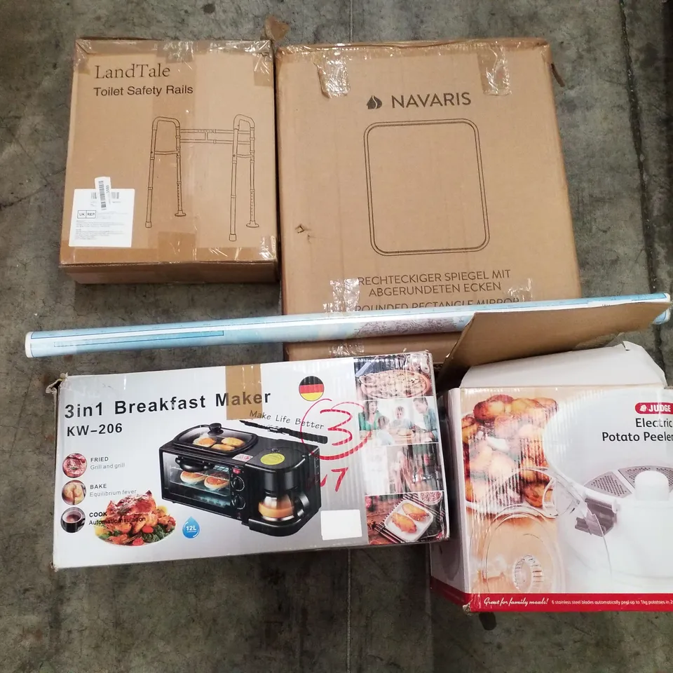 PALLET OF ASSORTED PRODUCTS INCLUDING TOILET SAFETY RAIL, 3-IN-1 BREAKFAST MAKER, ELECTRIC POTATO PEELER, WORLD MAP, ROUND RECTANGLE MIRROR
