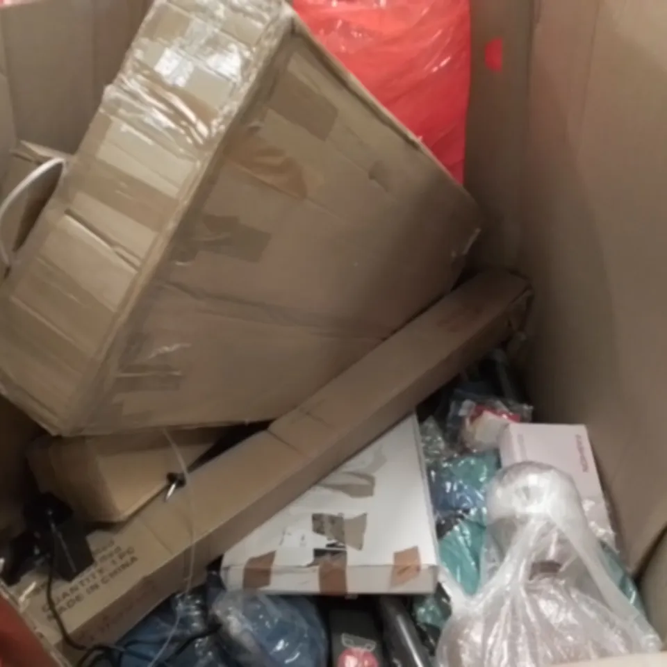 UNPROCESSED PALLET OF ASSORTED ITEMS TO INCLUDE BRANDS ON WIND MACHINE, BOXED PARASOLS AND LED FLOODLIGHT