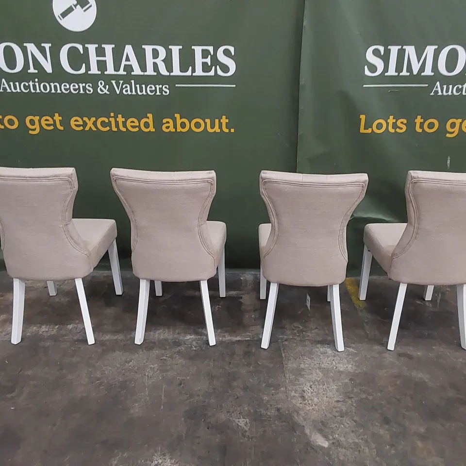SET OF 4 BEWLEY OATMEAL FABRIC BUTTON BACK DINING CHAIRS WITH WHITE LEGS 