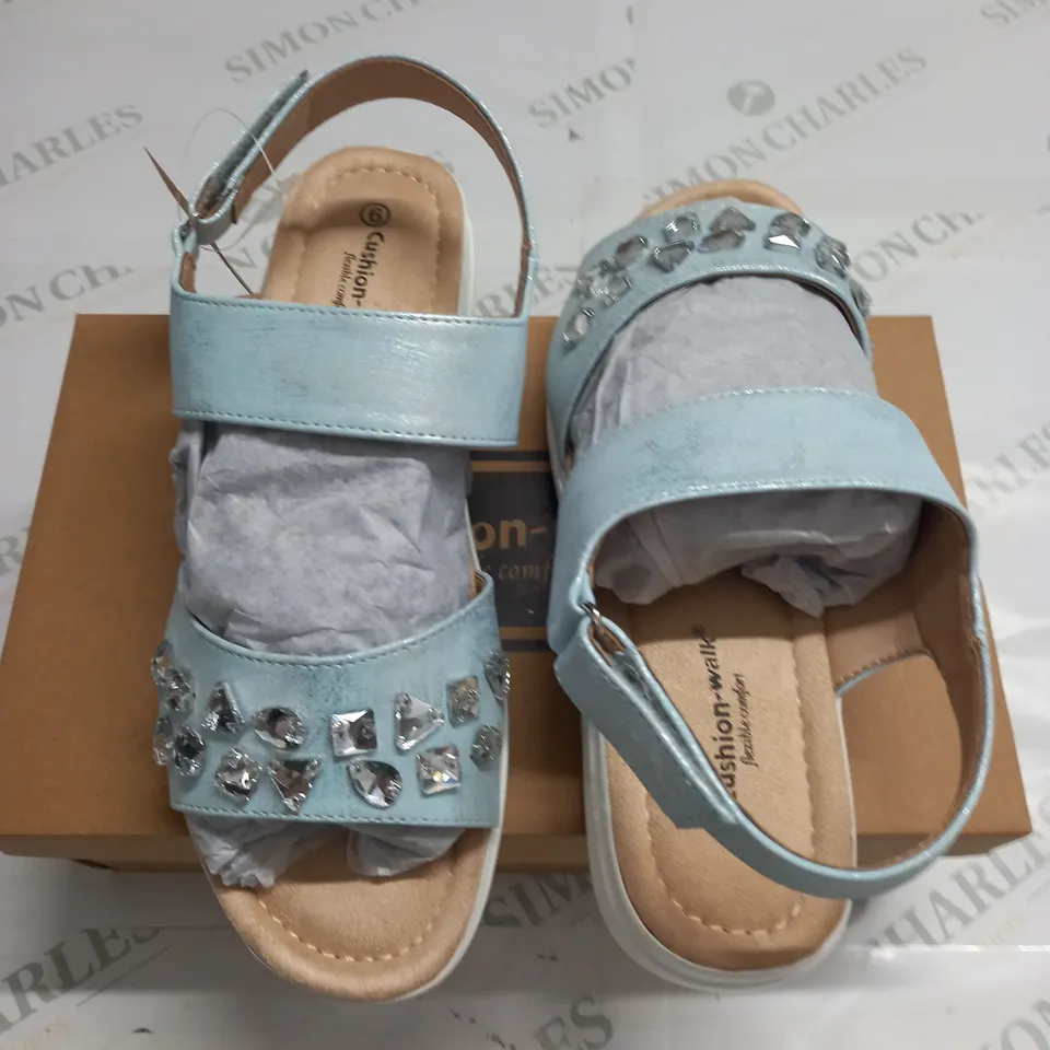 BOXED PAIR OF CUSHION WALK JEWELLED SANDALS IN SILVER - SIZE 6