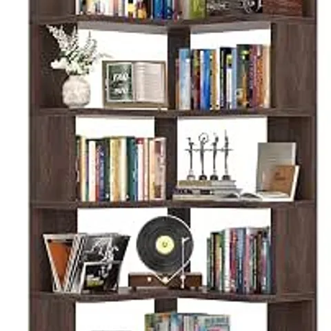 BOXED 6-SHELF L SHAPED CORNER BOOKSHELF WITH BAFFLE - BLACK WALNUT