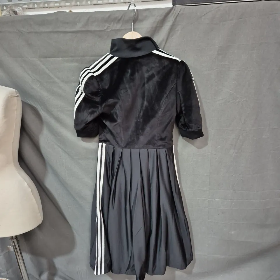 ADIDAS WOMEN'S BLACK SATIN DIRNDL DRESS WITH WHITE STRIPES – UK 12