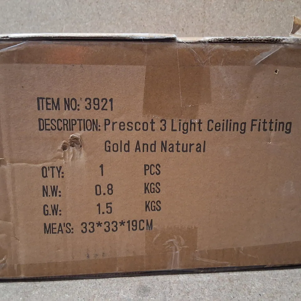 BOXED DUNELM PRESCOT 3 LIGHT CEILING FITTING – GOLD & NATURAL