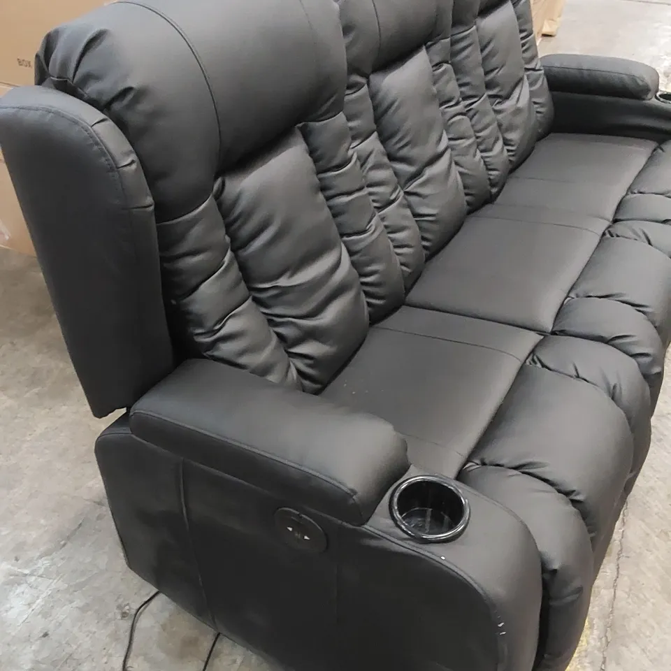 DESIGNER BLACK FAUX LEATHER POWER RECLINING 3-SEATER SOFA 
