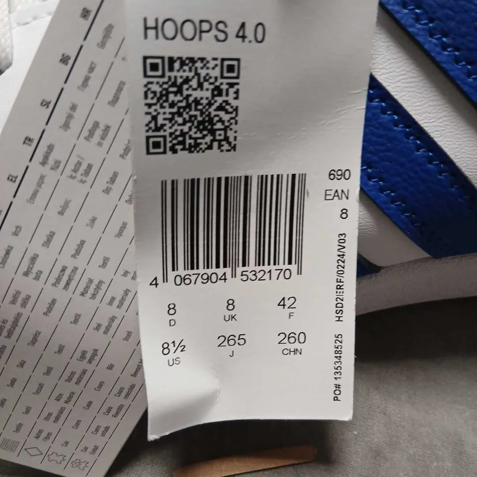 ADIDAS HOOPS 4.0 SNEAKERS – WHITE/BLUE, UK 8 (US 8, EU 42)
