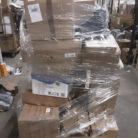 PALLET OF ASSORTED ITEMS INCLUDING HOME 13 GALLON AUTOMATIC TRASH CAN, STAND FAN, ANTI-RUST STEEL PAELLA PAN, ENIGMA BULK PACK TOILET TISSUE, SIMBR MULTI-FUNCTION STEAM CLEANER