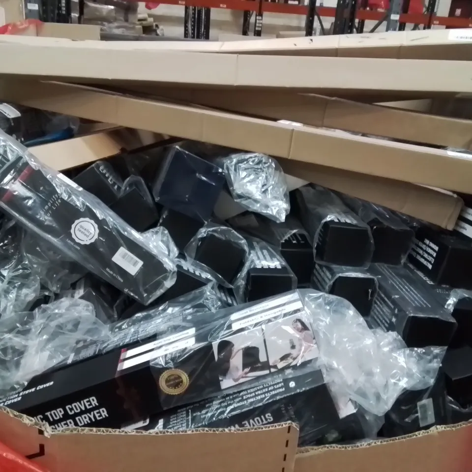 PALLET OF ASSORTED HOUSEHOLD GOODS AND PRODUCTS TO INCLUDE;ELECTRIC TOP COVER STOVE WASHER DRYER,RETRACTABLE SPORTS BANDS