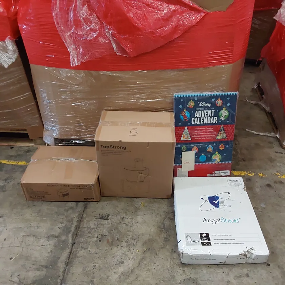 PALLET OF ASSORTED ITEMS INCLUDING: FOOD PROCESSOR, BEDSIDE TABLE, TOILET SEAT, ADVENT CALENDAR ECT