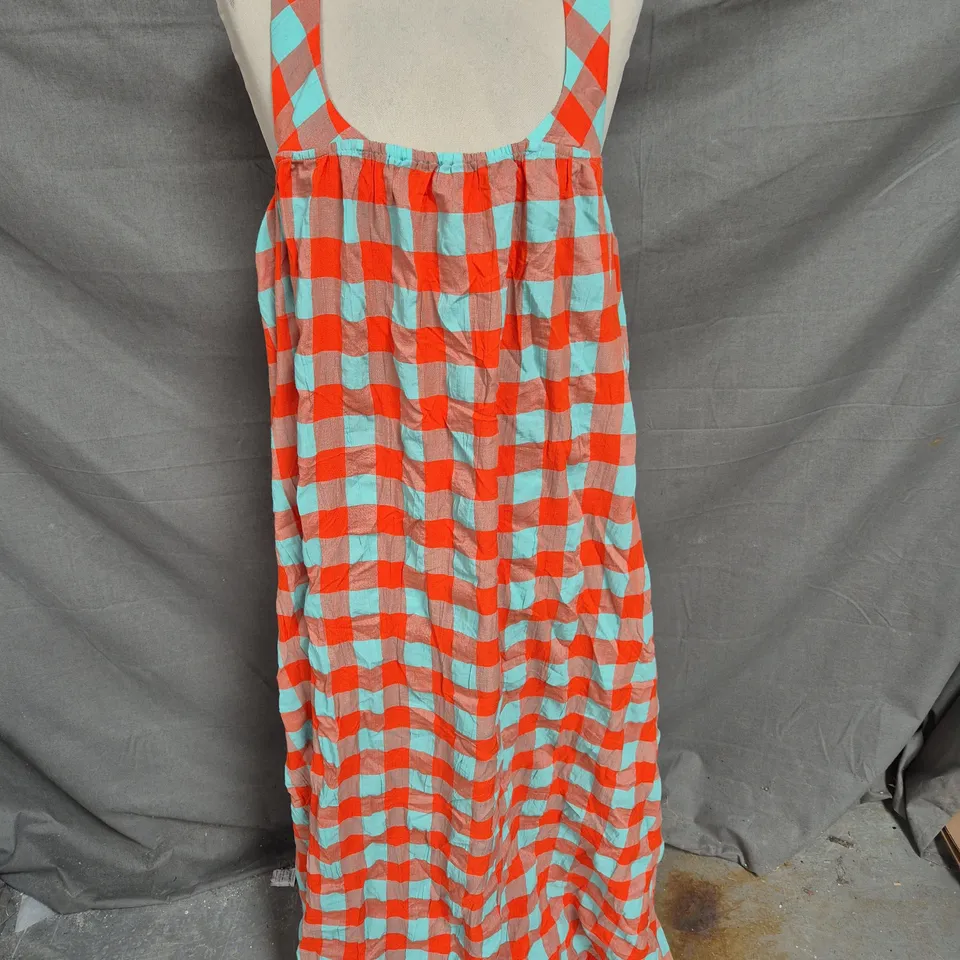 ANTHROPOLOGIE MAXI DRESS WITH BACK TIES - ORANGE AND GREEN CHECK PRINT - SIZE XL
