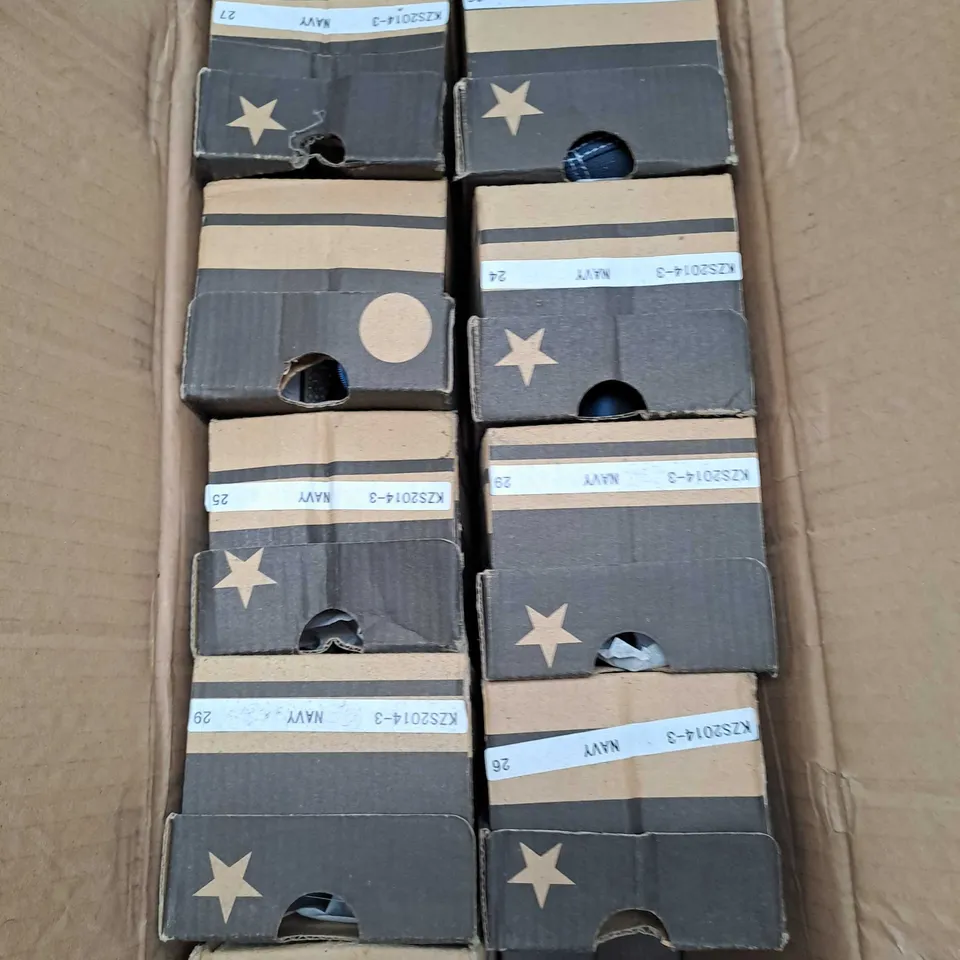 BOX OF APPROXIMATELY 24 PAIRS OF KIDS EMBELLISHED FLAT SHOES IN NAVY - VARIOUS SIZES