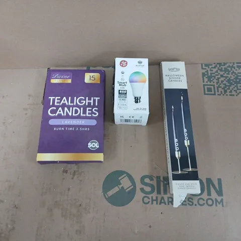 APPROXIMATELY 15 ASSORTED HOUSEHOLD PRODUCTS TO INCLUDE HALLOWEEN DINNER CANDLES, LED SMART BULB, 15 LAVENDER TEALIGHTS ETC 
